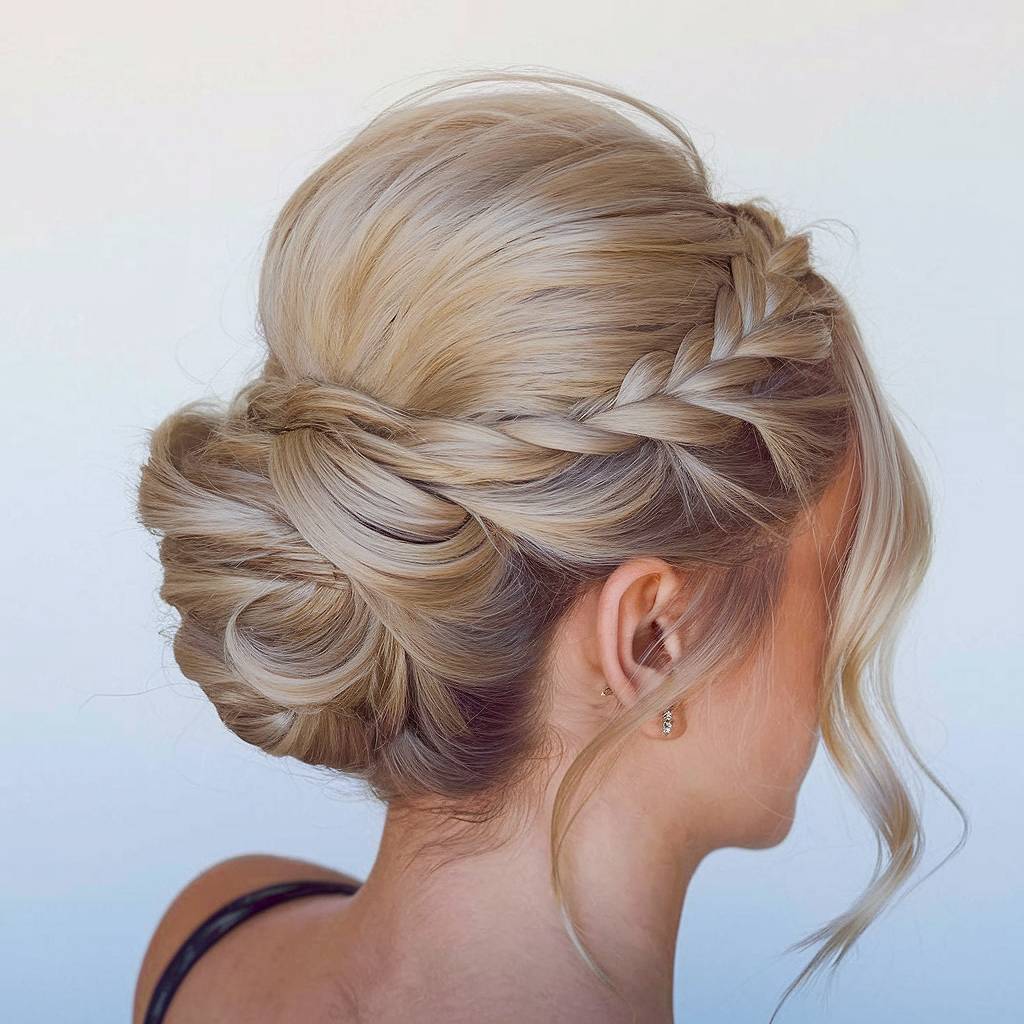 Voluminous Platinum Blonde Updo With Braid Voluminous Platinum Blonde Updo With Braid — Trendy Formal Updos