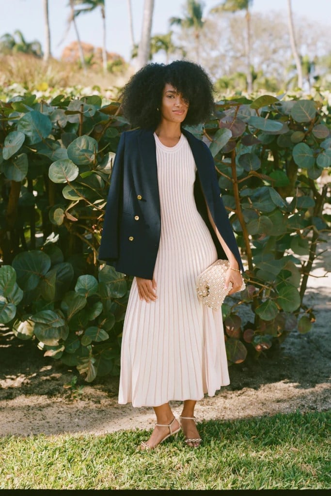 Midi Dress With Draped Navy Blazer — Trendy French Outfits