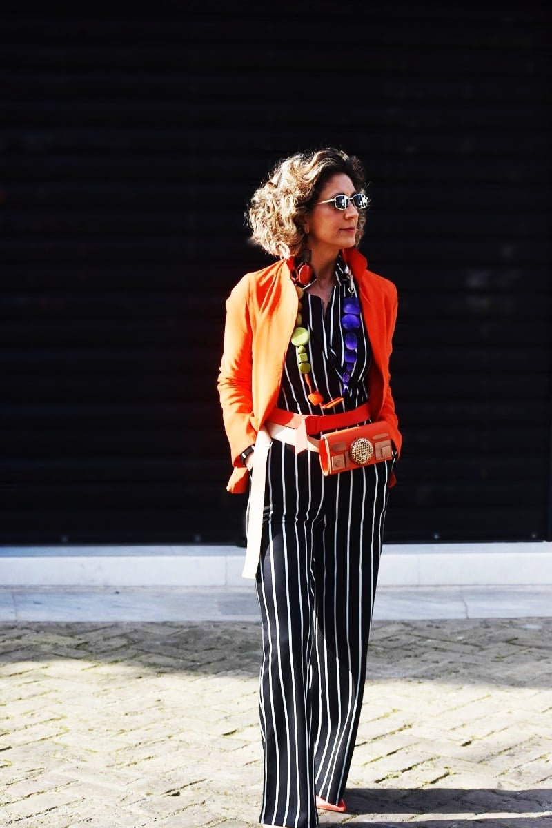 Striped Jumpsuit With Orange Blazer — Trendy French Outfits