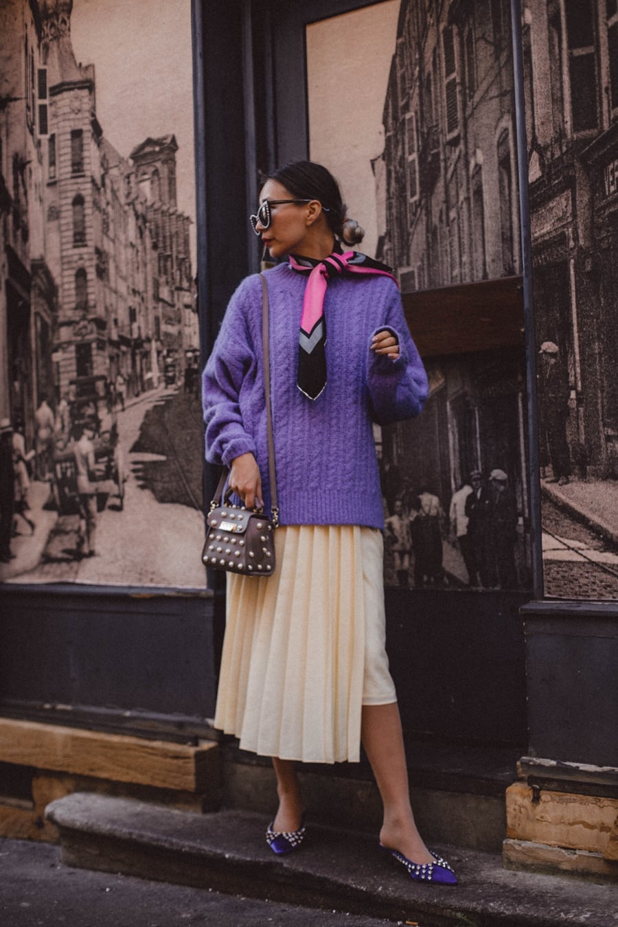 Purple Knit Sweater With Pleated Midi Skirt — Trendy French Outfits