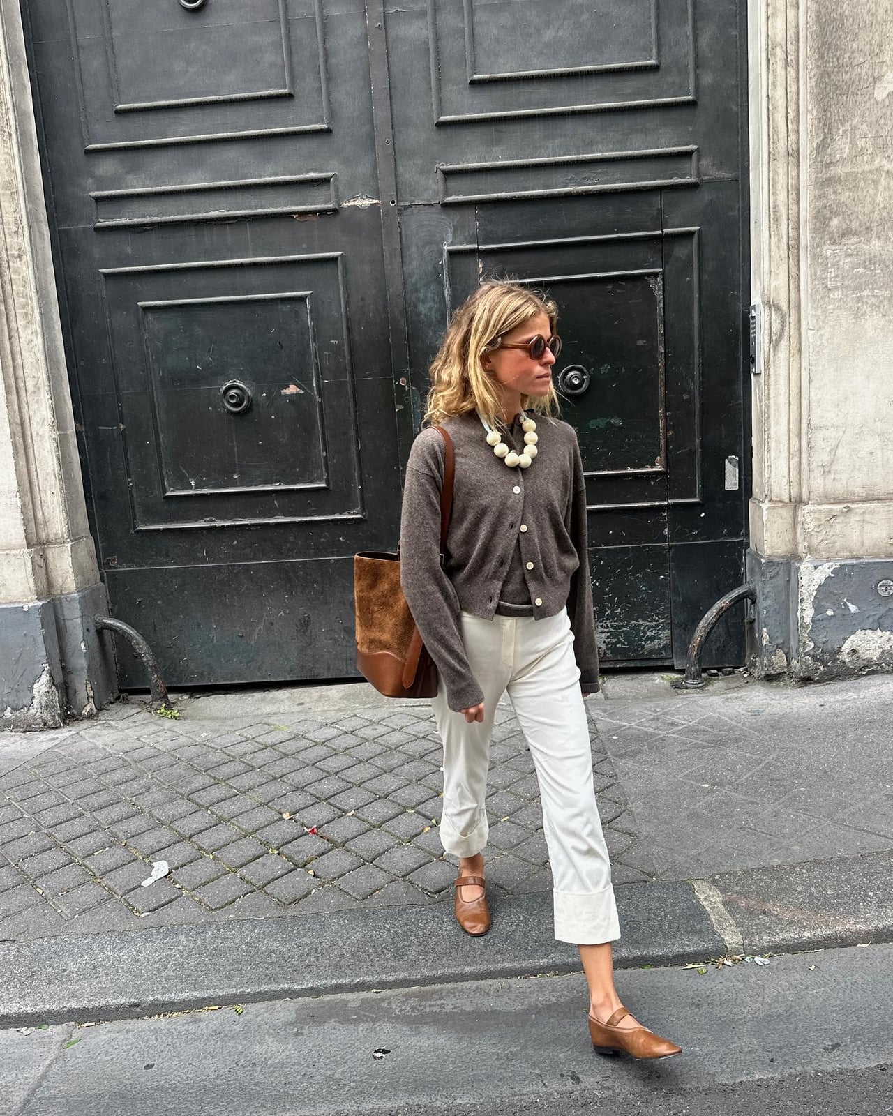 Brown Knit Cardigan Over White Trousers — Trendy French Outfits