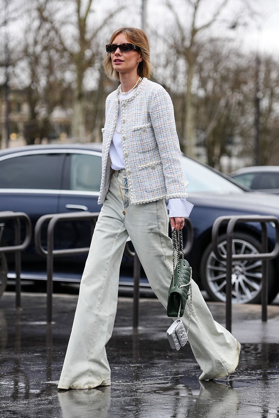 Light Blue Tweed Jacket With Wide Leg Jeans — Trendy French Outfits