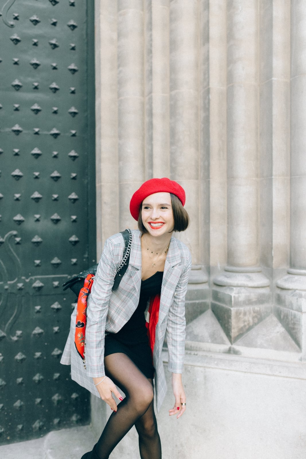 Plaid Blazer Over Black Mini Dress — Trendy French Outfits