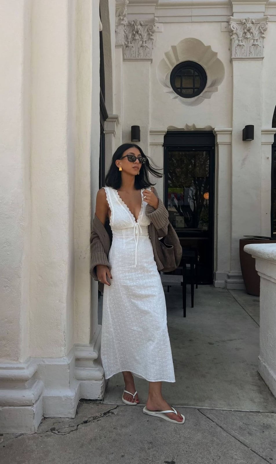 White Eyelet Dress With Draped Cardigan — Trendy French Outfits