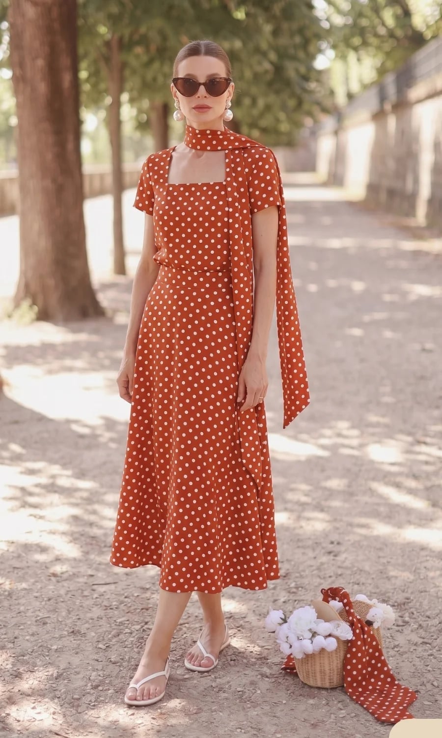 Polka Dot Midi Dress with Scarf Detail Polka Dot Midi Dress with Scarf Detail — Trendy French Style