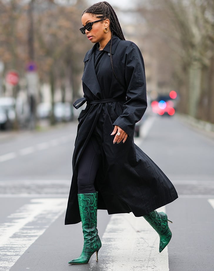 Black Trench Coat with Snakeskin Boots Black Trench Coat with Snakeskin Boots — Trendy French Style