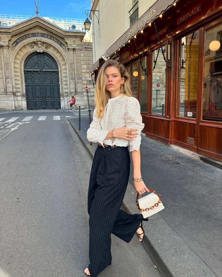 Lace Blouse with Pinstripe Trousers Lace Blouse with Pinstripe Trousers — Trendy French Style