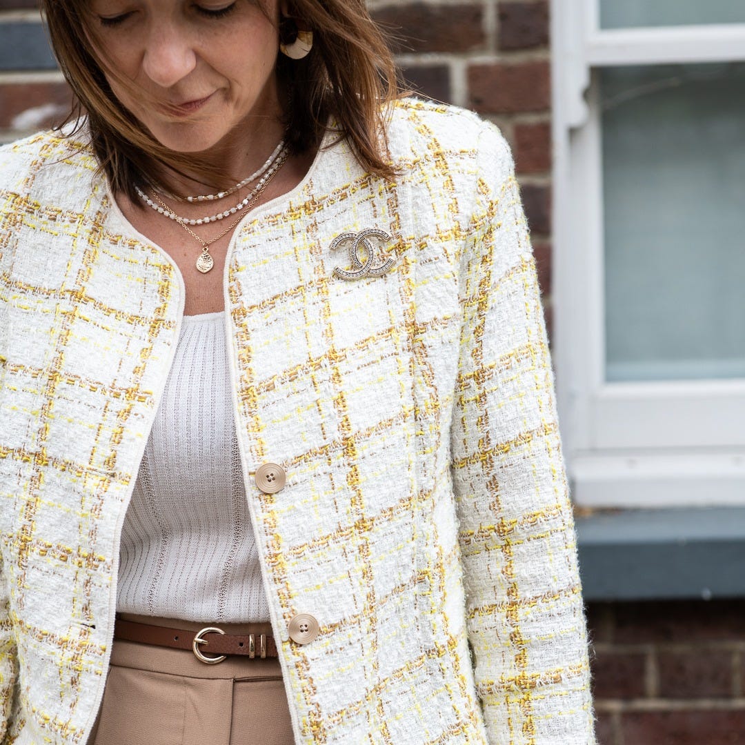 Tweed Jacket with Pearl Necklaces Tweed Jacket with Pearl Necklaces — Trendy French Style