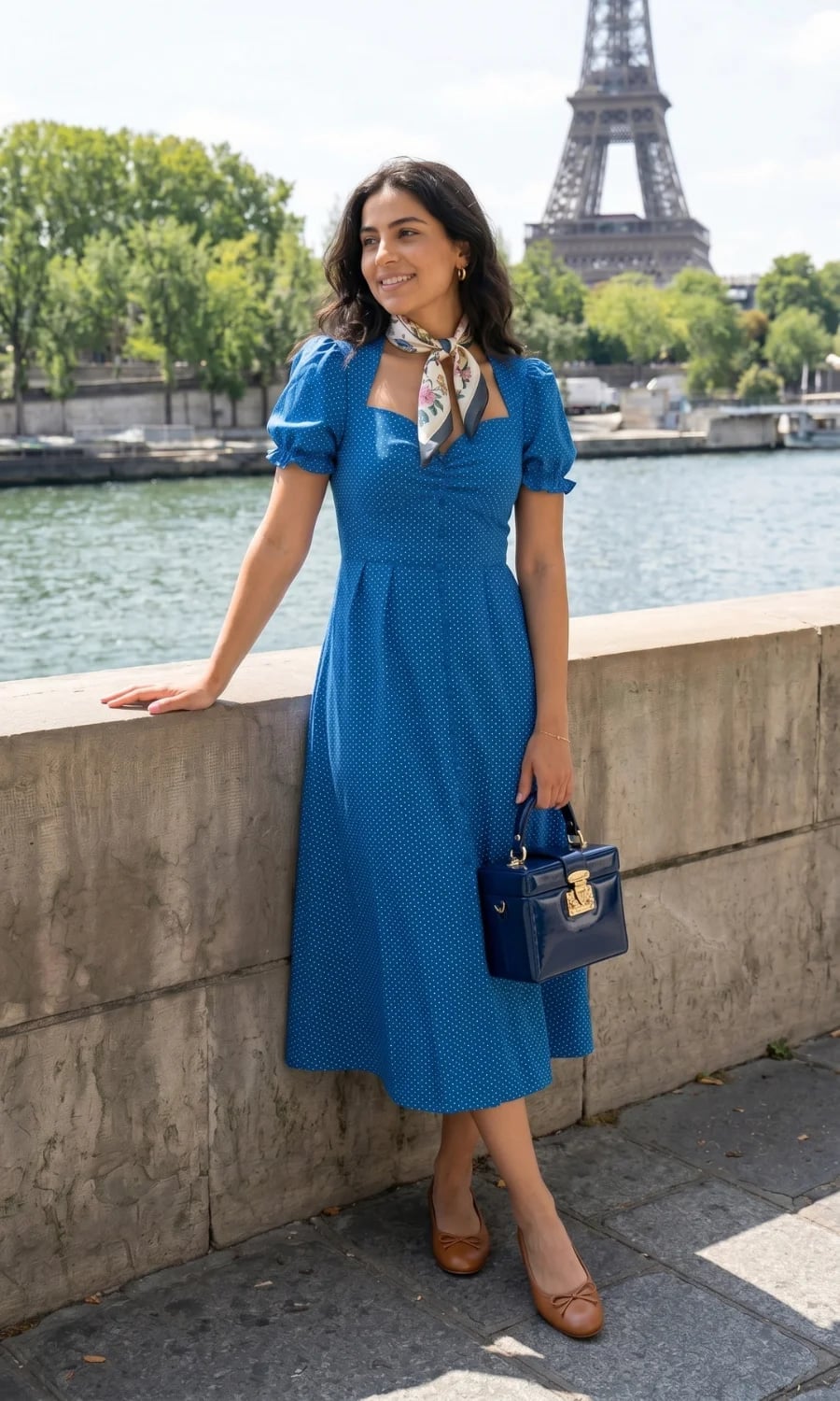 Polka Dot Midi Dress with Silk Scarf and Tan Ballet Flats Polka Dot Midi Dress with Silk Scarf and Tan Ballet Flats — Trendy French Style