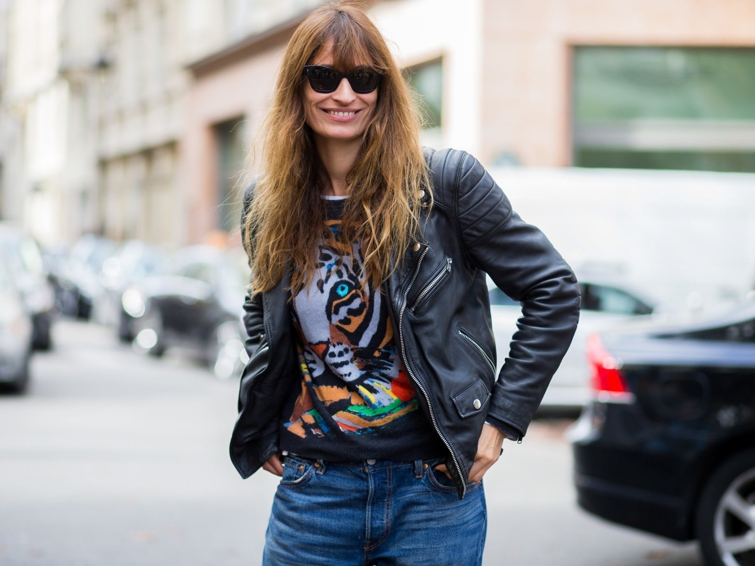 Leather Biker Jacket with Tiger Print Sweater Leather Biker Jacket with Tiger Print Sweater — Trendy French Style