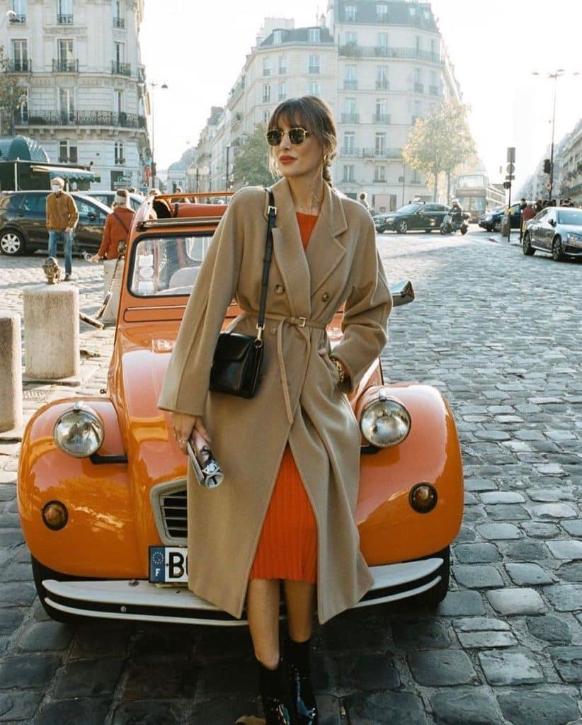 Camel Trench Coat and Orange Dress Camel Trench Coat and Orange Dress — Trendy French Style