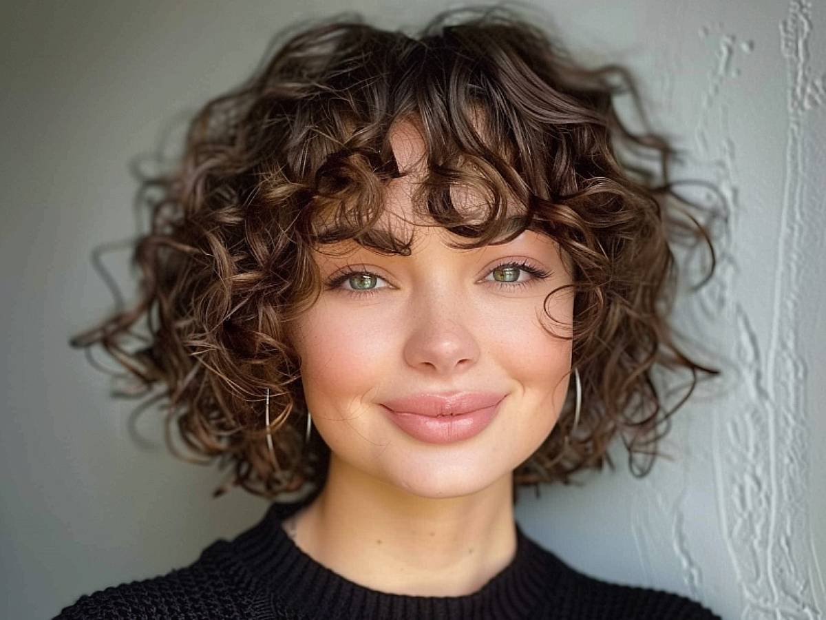 Chin Bob With Layers And Curly Bangs — Trendy Frizzy Hair