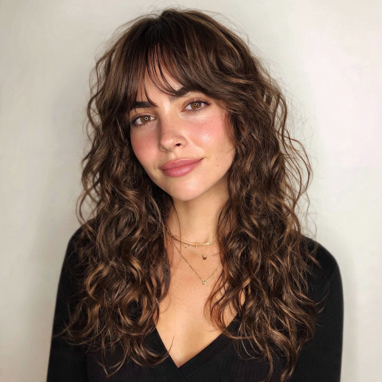 Mid-Back Dark Curly With Soft Curtain Bangs, Middle — Trendy Frizzy Hair
