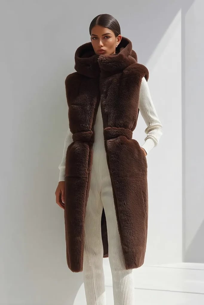 Long Brown Faux Fur Vest With Jumpsuit — Trendy Fur Outfits