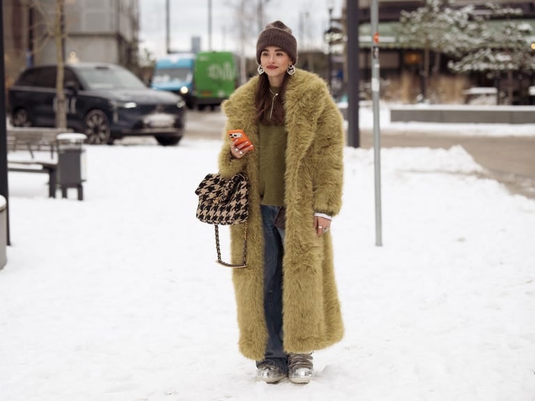Olive Green Faux Fur Coat With Jeans — Trendy Fur Outfits