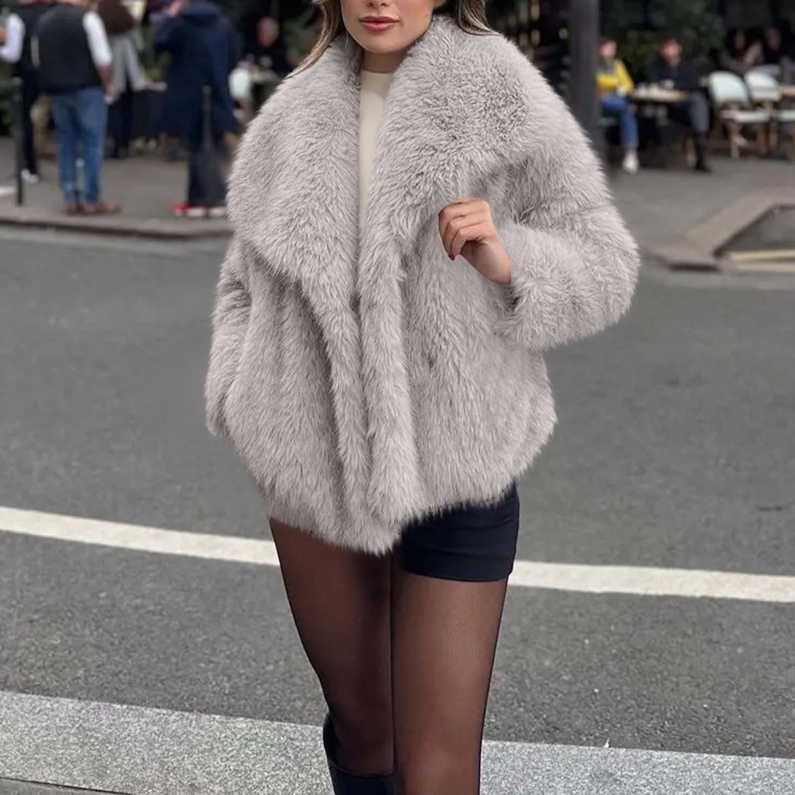Cropped Gray Faux Fur Jacket With Shorts — Trendy Fur Outfits