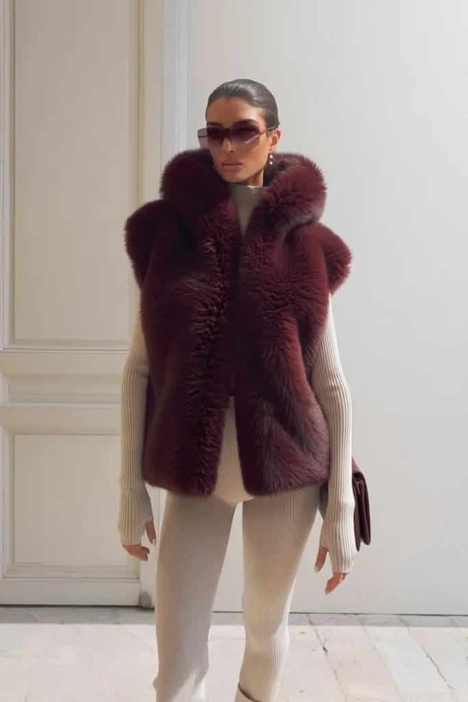 Burgundy Faux Fur Vest With Leggings — Trendy Fur Outfits