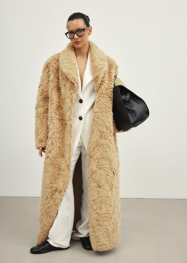Beige Shaggy Faux Fur Coat With White Suit — Trendy Fur Outfits