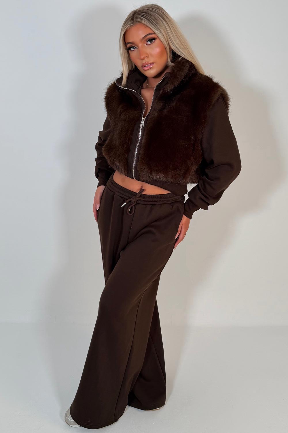 Brown Faux Fur Jacket With Hoodie — Trendy Fur Outfits