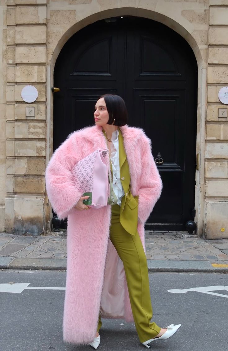 Pink Faux Fur Coat Over Olive Green Suit — Trendy Fur Outfits