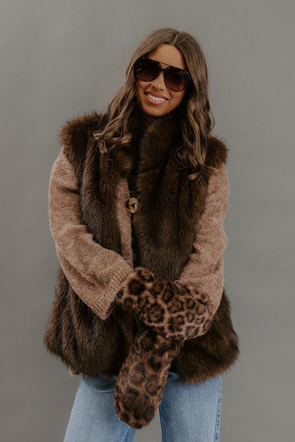 Brown Faux Fur Vest With Knit Sweater — Trendy Fur Outfits