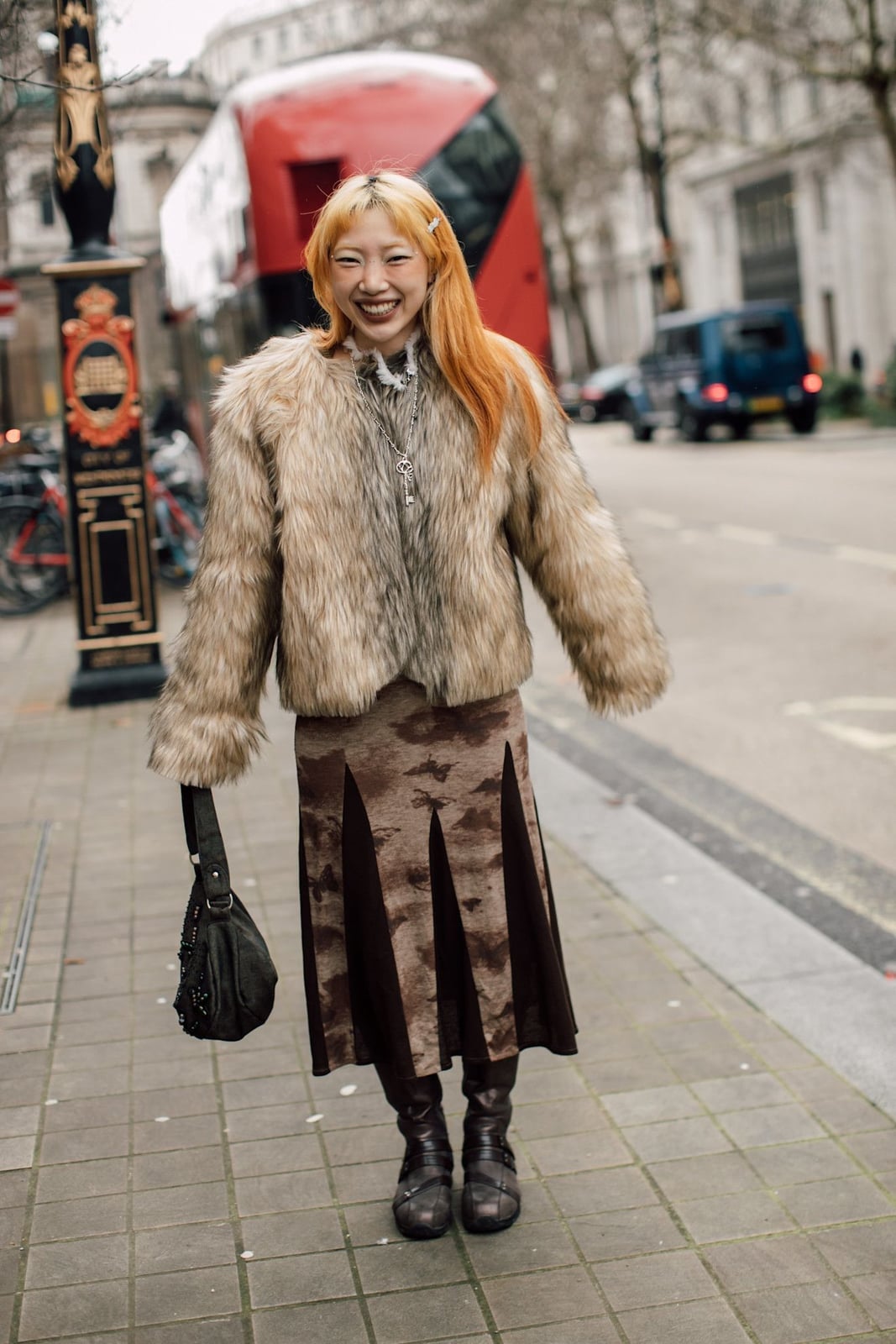 Fluffy Fur Jacket With Patterned Skirt — Trendy Fur Outfits