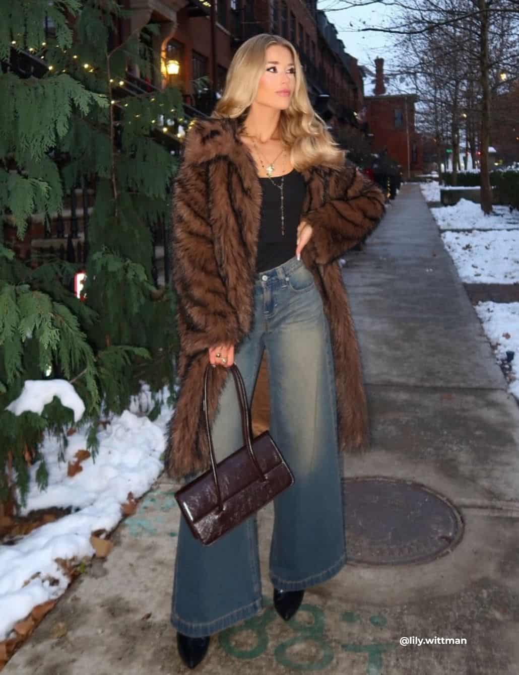 Brown Faux Fur Coat With Wide-Leg Jeans — Trendy Fur Outfits