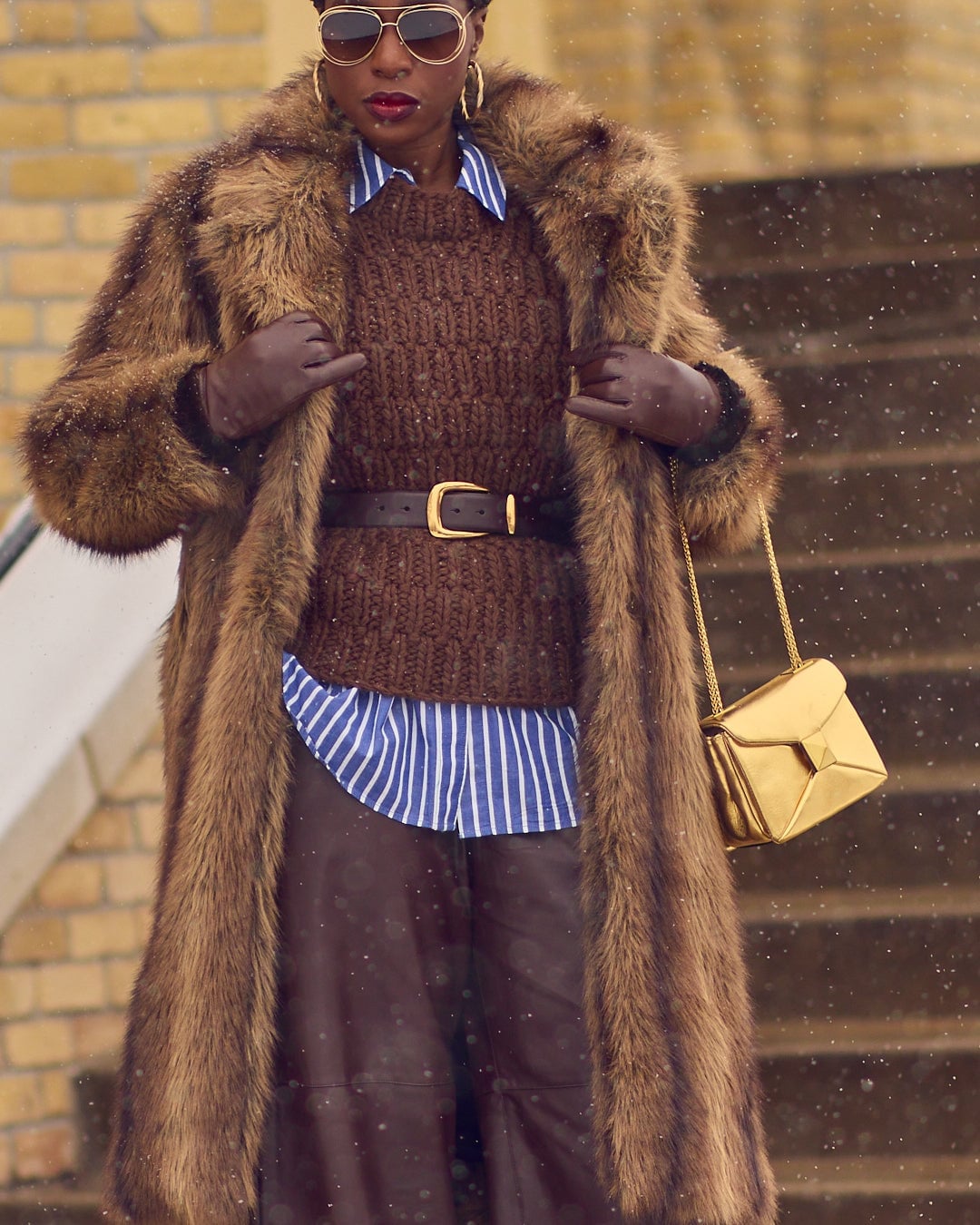 Long Brown Faux Fur Coat With Cable Knit — Trendy Fur Outfits