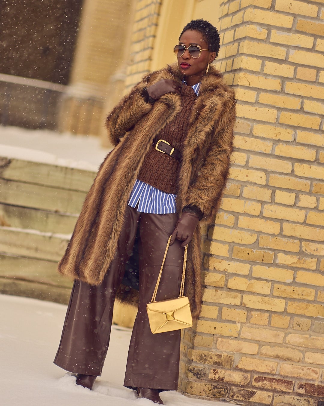 Brown Fur Coat With Leather Trousers — Trendy Fur Outfits