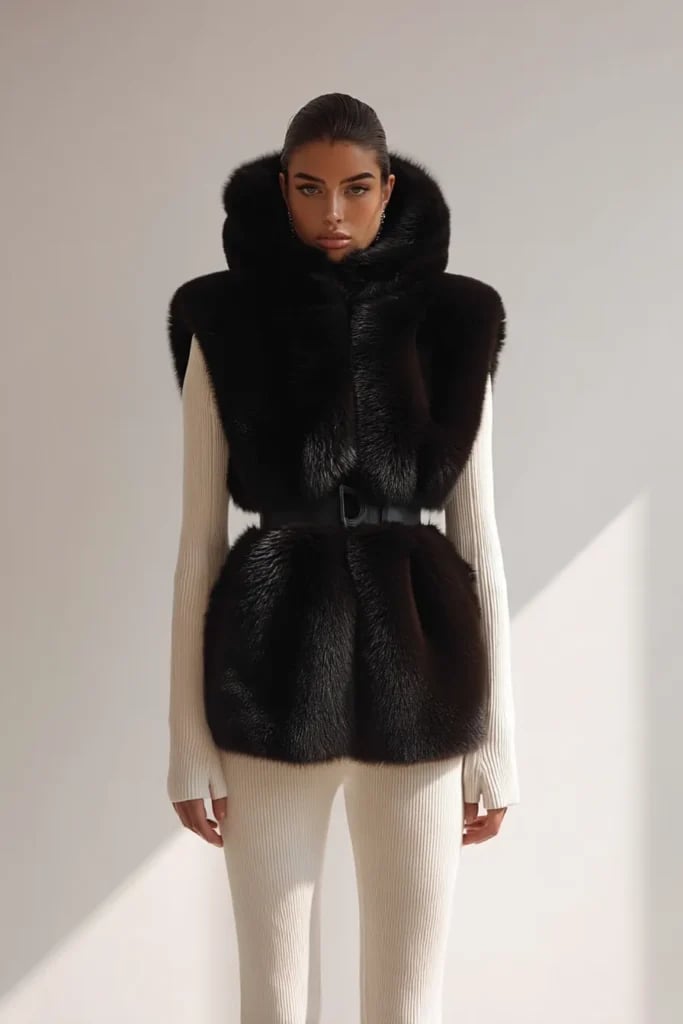 Black Faux Fur Vest Over Turtleneck — Trendy Fur Outfits