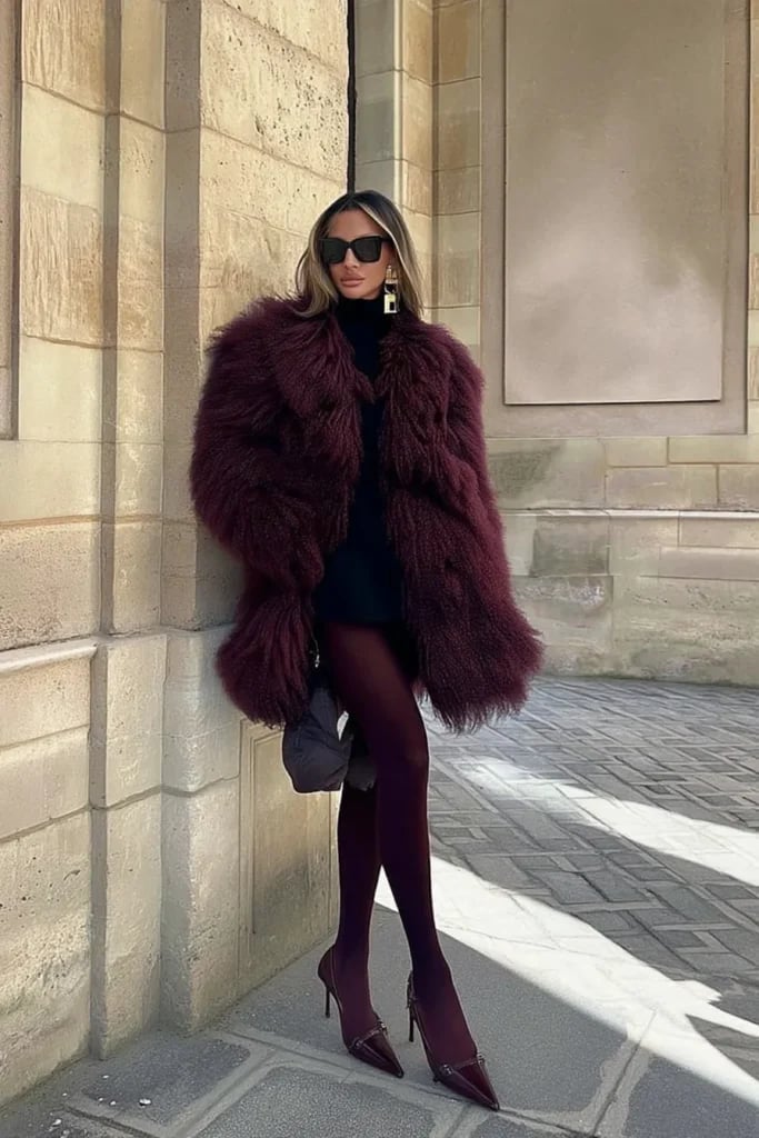 Burgundy Fur Jacket With Mini-Dress — Trendy Fur Outfits