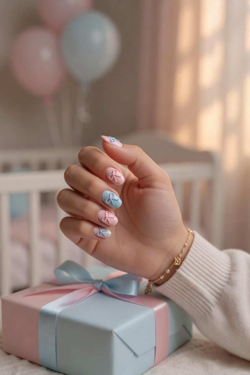 Short Oval Nails With Pink And Blue 3D Bows Short Oval Nails With Pink And Blue 3D Bows — Trendy Gender Reveal Nails