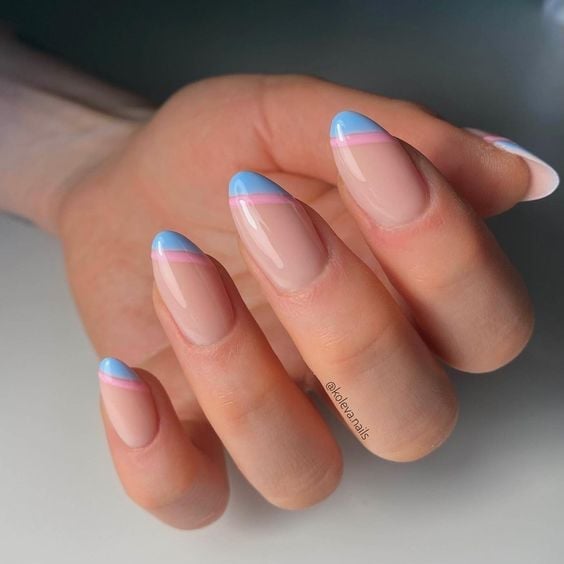 Medium Almond Pink And Blue Stripe French Tips Medium Almond Pink And Blue Stripe French Tips — Trendy Gender Reveal Nails