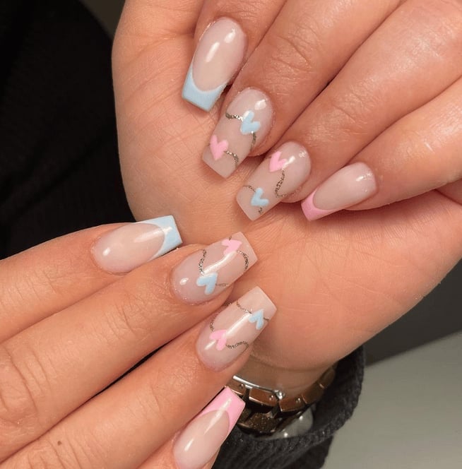 Medium Square Pink Blue Heart Silver Swirl Nails Medium Square Pink Blue Heart Silver Swirl Nails — Trendy Gender Reveal Nails