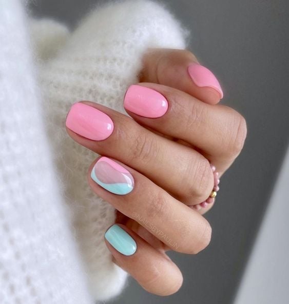 Short Square Color Block Pink Light Blue Nails Short Square Color Block Pink Light Blue Nails — Trendy Gender Reveal Nails
