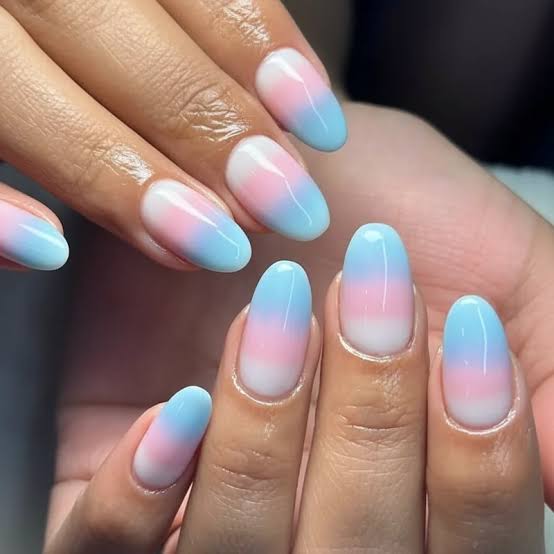 Short Almond Pink To Blue Ombre Nails Short Almond Pink To Blue Ombre Nails — Trendy Gender Reveal Nails