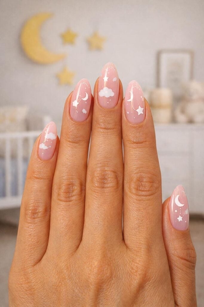 Short Almond Sheer Pink Celestial Motif Nails Short Almond Sheer Pink Celestial Motif Nails — Trendy Gender Reveal Nails