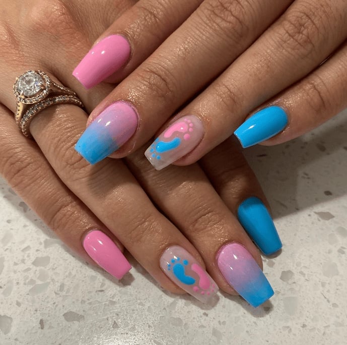 Medium Almond Pink And Blue Stripe French Tips Medium Almond Pink And Blue Stripe French Tips — Trendy Gender Reveal Nails