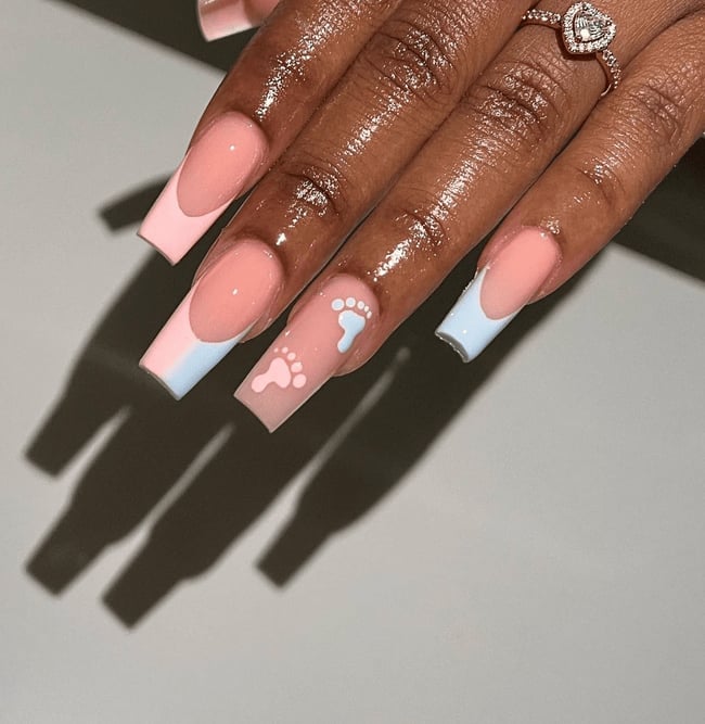 Long Coffin Baby Footprint Gradient Nails Long Coffin Baby Footprint Gradient Nails — Trendy Gender Reveal Nails