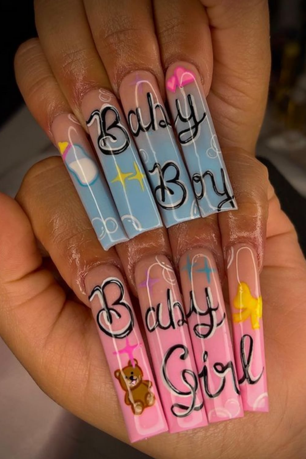 Long Stiletto 'Baby Girl' 'Baby Boy' Text Nails Long Stiletto 'Baby Girl' 'Baby Boy' Text Nails — Trendy Gender Reveal Nails