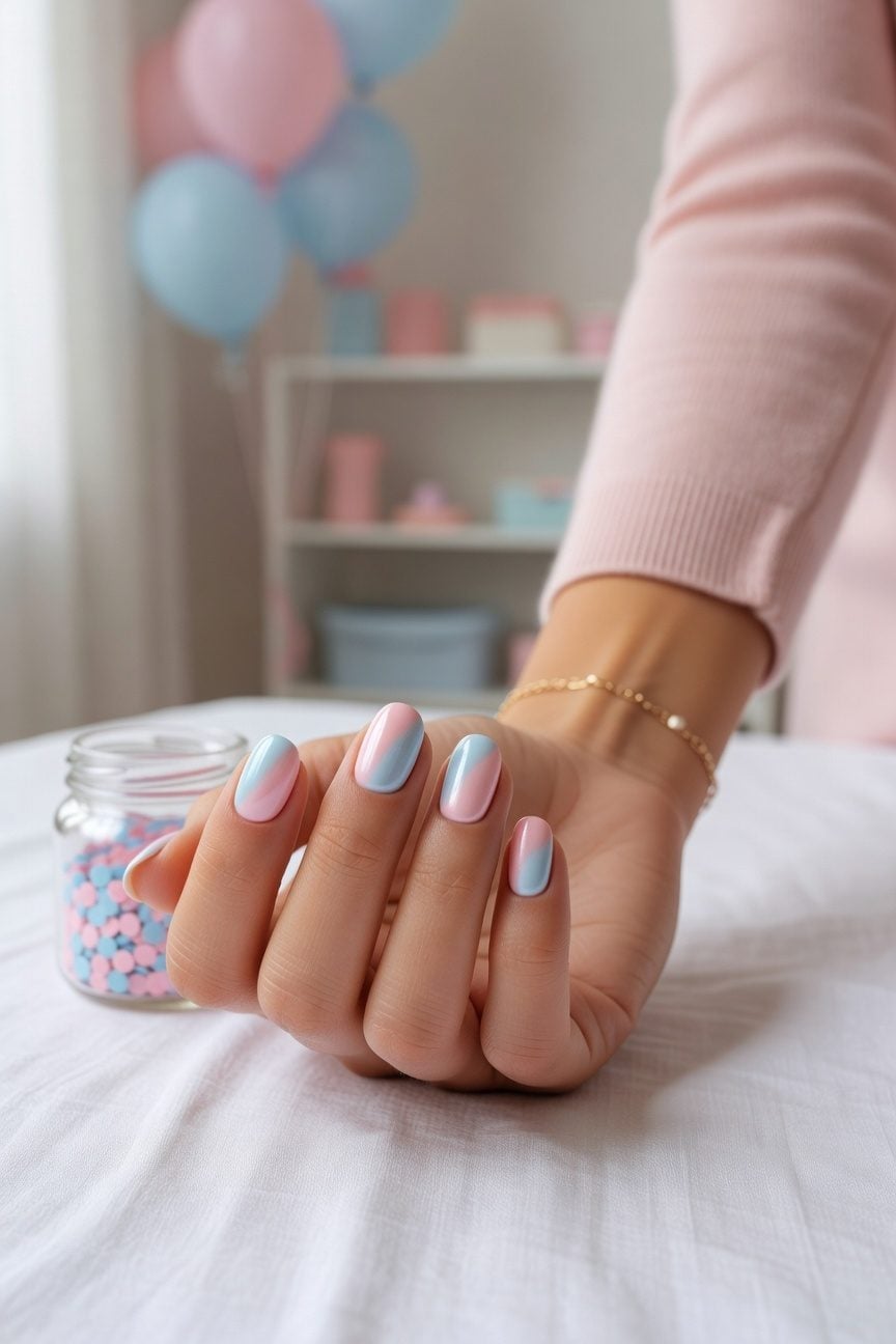Short Oval Split Color Pink And Blue Nails Short Oval Split Color Pink And Blue Nails — Trendy Gender Reveal Nails