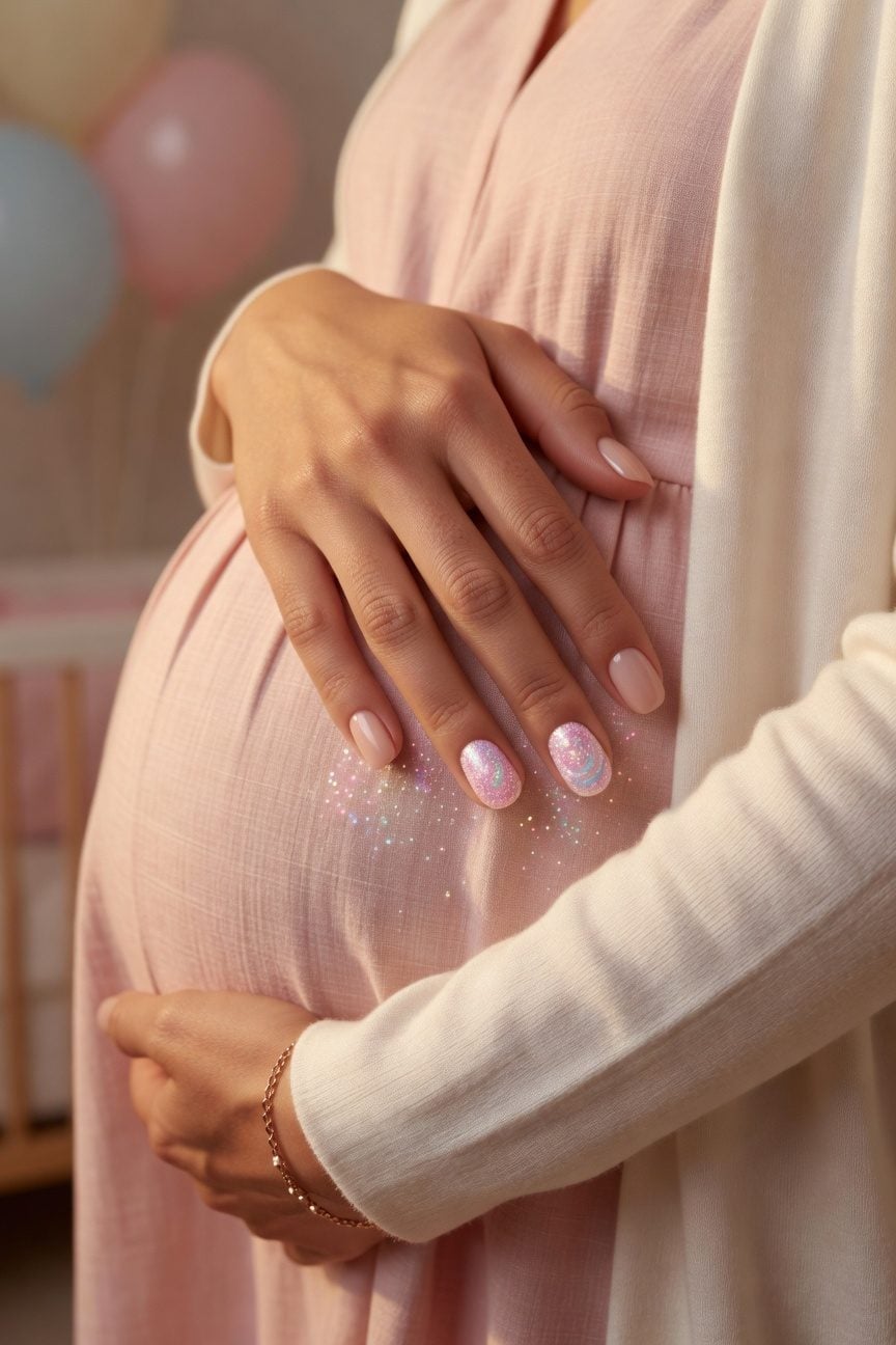 Short Oval Iridescent Shimmer Gender Reveal Nails Short Oval Iridescent Shimmer Gender Reveal Nails — Trendy Gender Reveal Nails