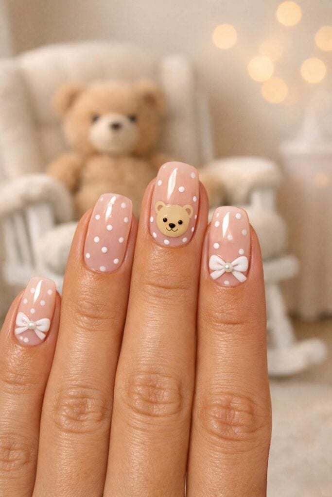 Short Square Pink Polka Dot Teddy Bear Nails Short Square Pink Polka Dot Teddy Bear Nails — Trendy Gender Reveal Nails