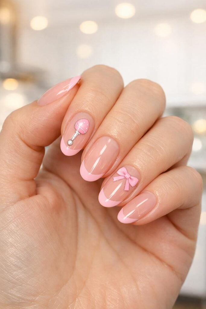 Short Oval Pink French Tip Baby Rattle Nails Short Oval Pink French Tip Baby Rattle Nails — Trendy Gender Reveal Nails