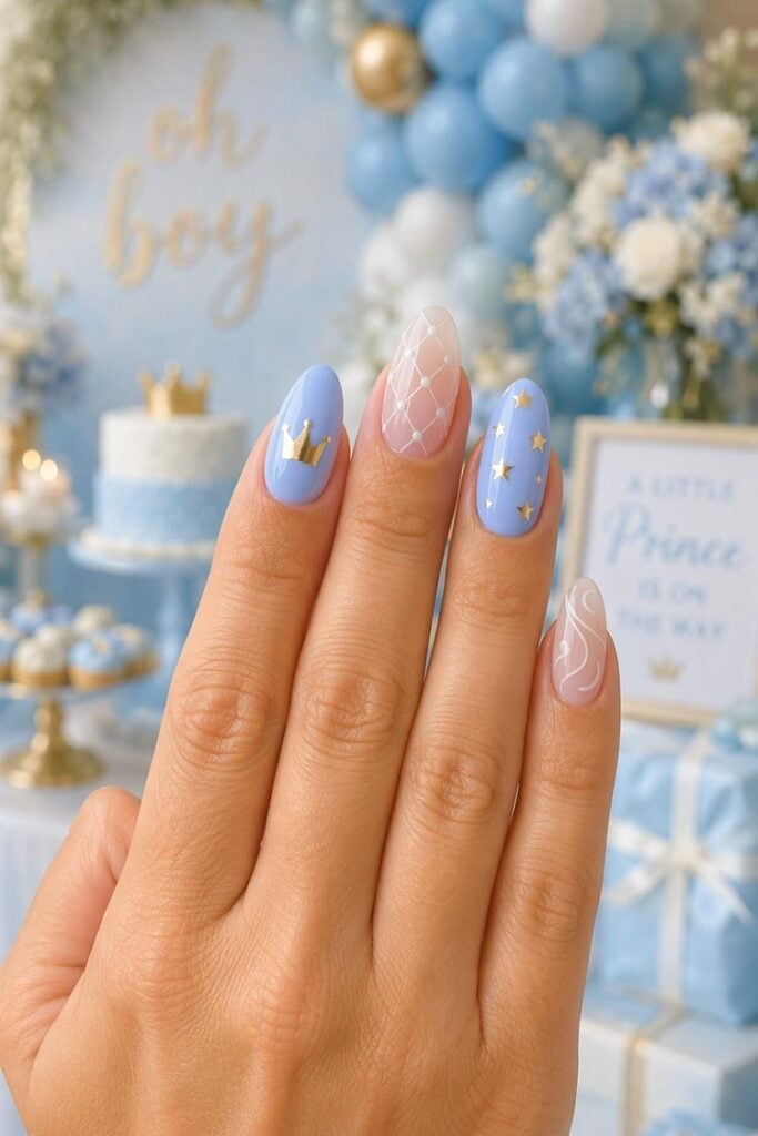 Short Almond Baby Blue Gold Star Nails Short Almond Baby Blue Gold Star Nails — Trendy Gender Reveal Nails