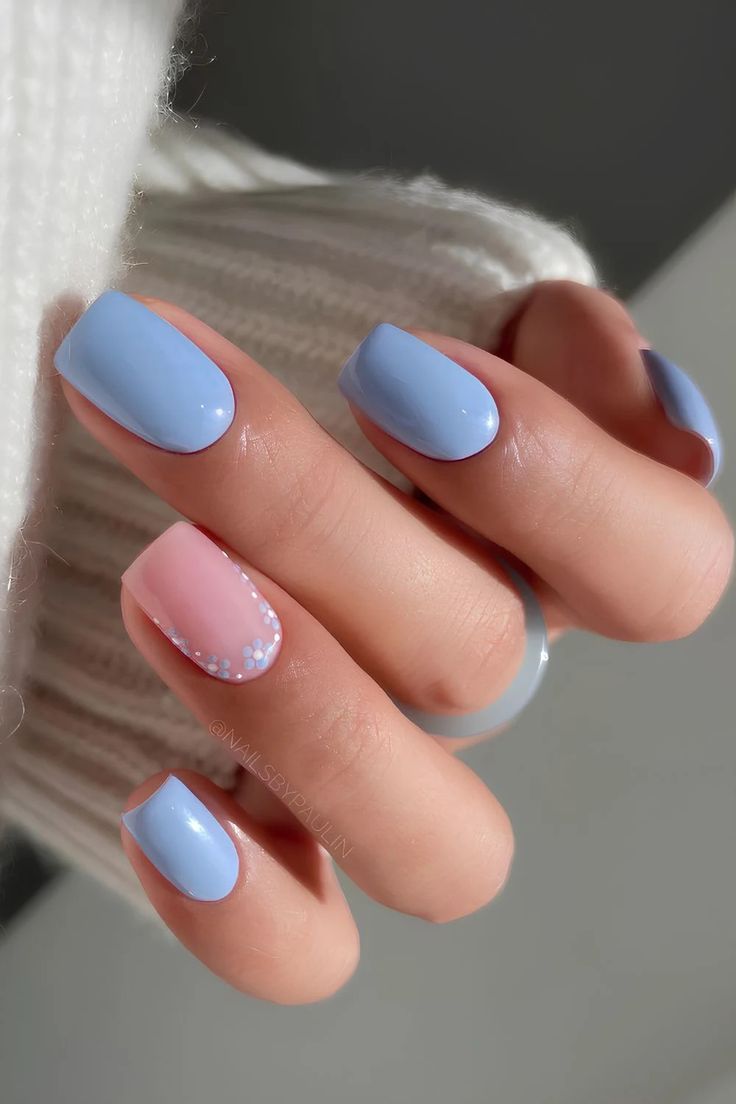 Short Almond Milky Pink Floral Baby Blue Nails Short Almond Milky Pink Floral Baby Blue Nails — Trendy Gender Reveal Nails