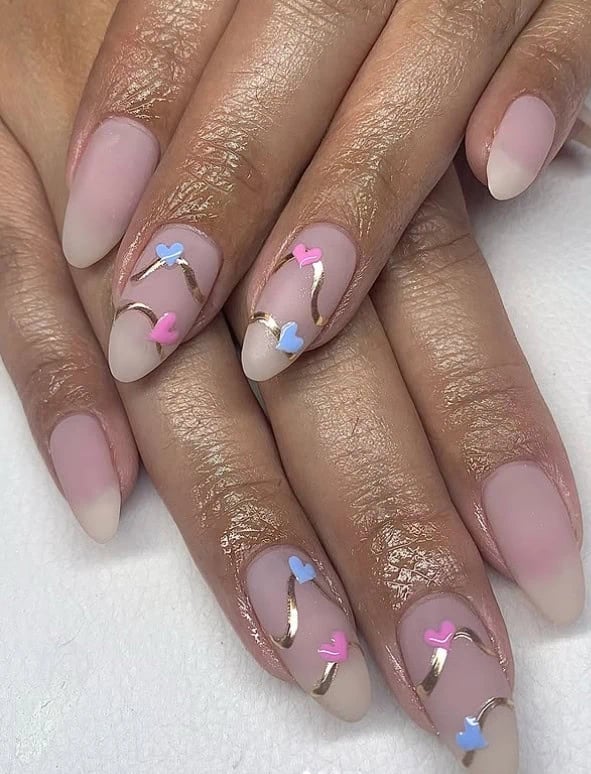 Short Almond Sheer Nude Gold Swirl Heart Nails Short Almond Sheer Nude Gold Swirl Heart Nails — Trendy Gender Reveal Nails