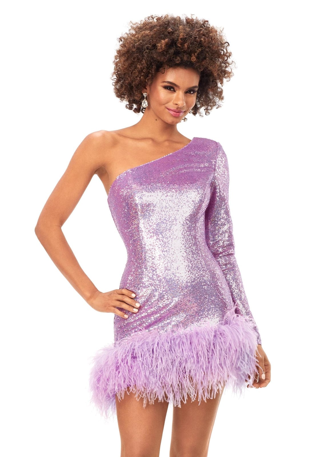 Lavender Sequin One-Sleeve Dress with Feather Trim — Trendy Glitter Dresses