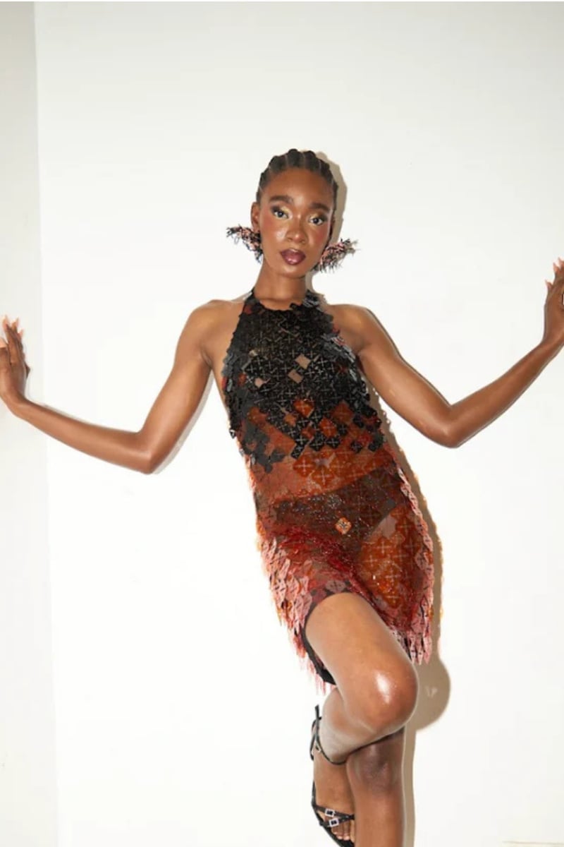 Geometric Sequin Halter Neck Mini Dress with Sheer Panels — Trendy Glitter Dresses