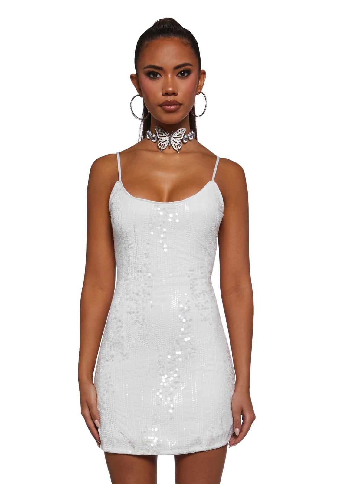 White Sequin Slip Dress with Butterfly Choker — Trendy Glitter Dresses